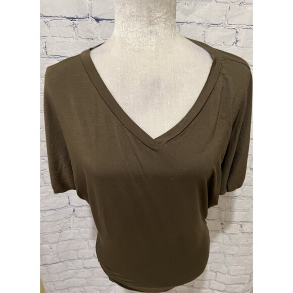 Made by Johnny V Neck Short Sleeve Dolman Top with Side Shirring M OLIVE - Picture 2 of 6